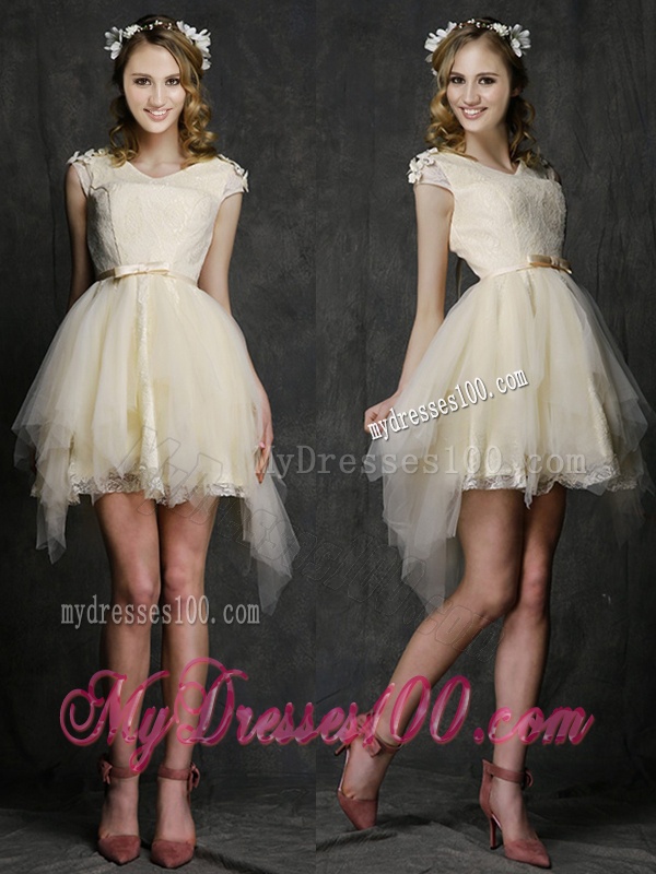 Best V Neck Cap Sleeves Short Bridesmaid Dress with Belt and Appliques