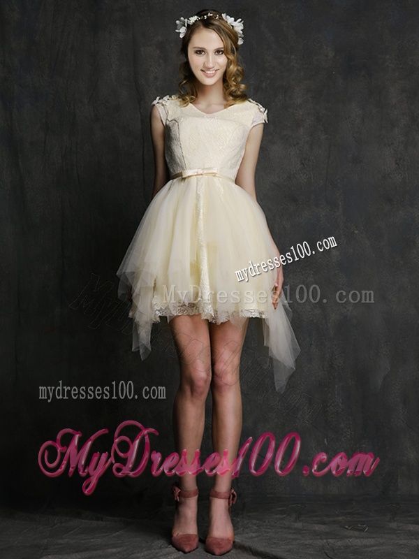 Best V Neck Cap Sleeves Short Bridesmaid Dress with Belt and Appliques