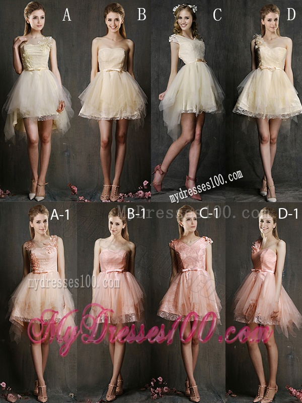 Best V Neck Cap Sleeves Short Bridesmaid Dress with Belt and Appliques