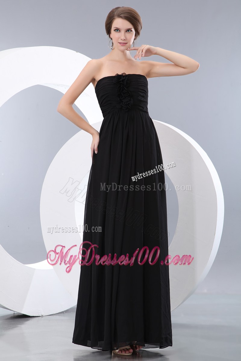 Hand Flowers Empire Black Bridesmaid Dress Floor-length Chiffon