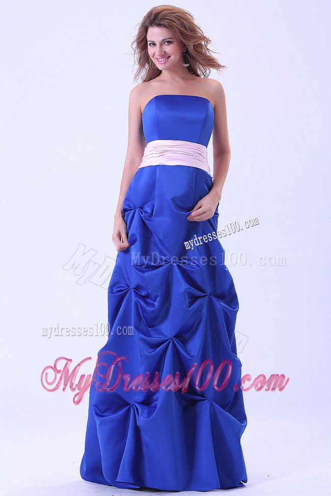 Blue Straight Neck Bridesmaid Dress With Pink Sash and Pick-ups