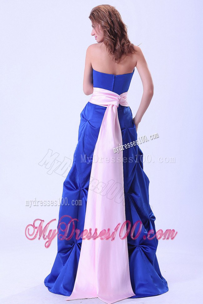 Blue Straight Neck Bridesmaid Dress With Pink Sash and Pick-ups