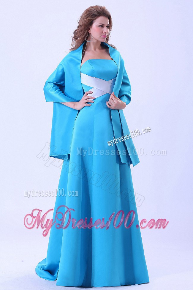 Blue Strapless Sash Bridemaid Dress With Brush Train Satin A-line