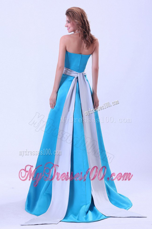 Blue Strapless Sash Bridemaid Dress With Brush Train Satin A-line