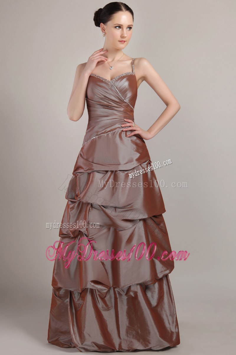 Spaghetti Strap Brown A-line Taffeta Sequins Pleats Bridesmaid Dress