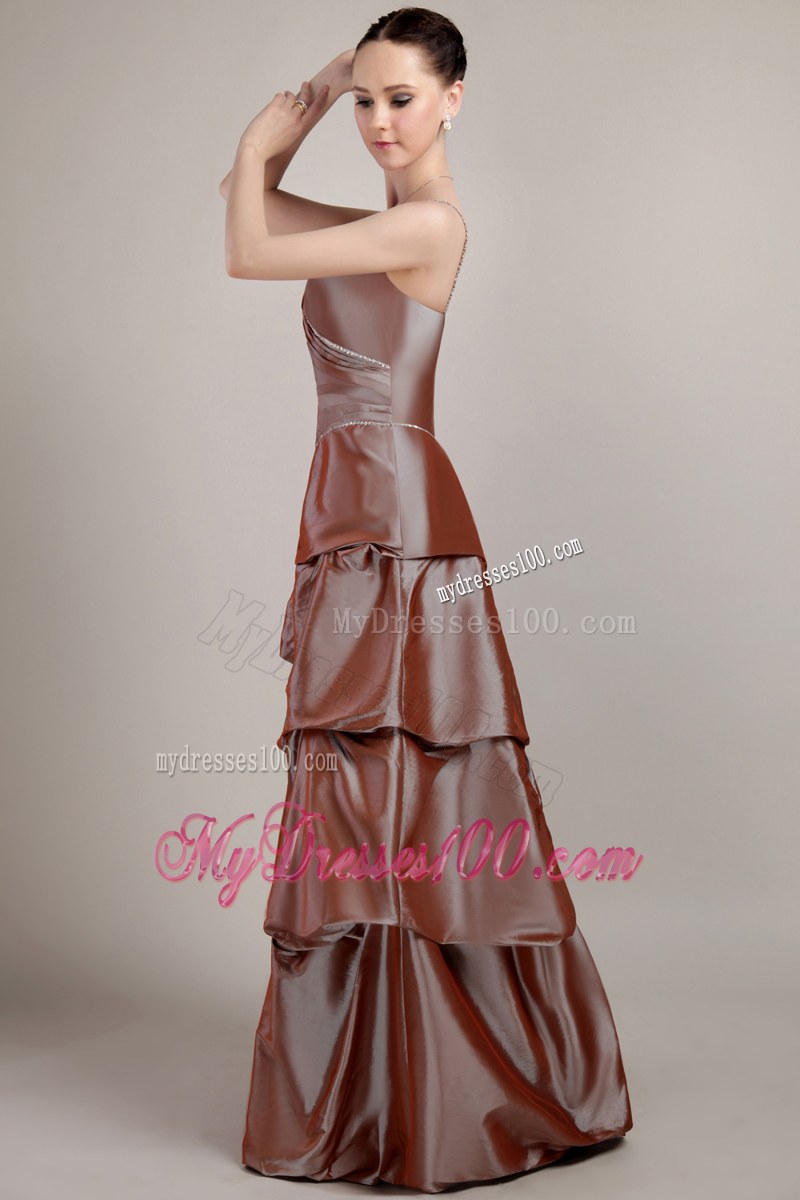 Spaghetti Strap Brown A-line Taffeta Sequins Pleats Bridesmaid Dress