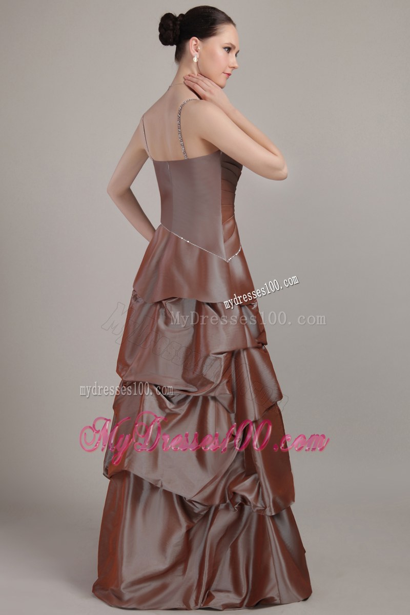 Spaghetti Strap Brown A-line Taffeta Sequins Pleats Bridesmaid Dress