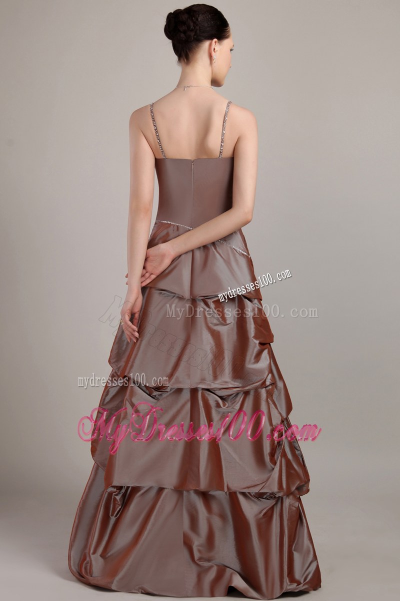 Spaghetti Strap Brown A-line Taffeta Sequins Pleats Bridesmaid Dress