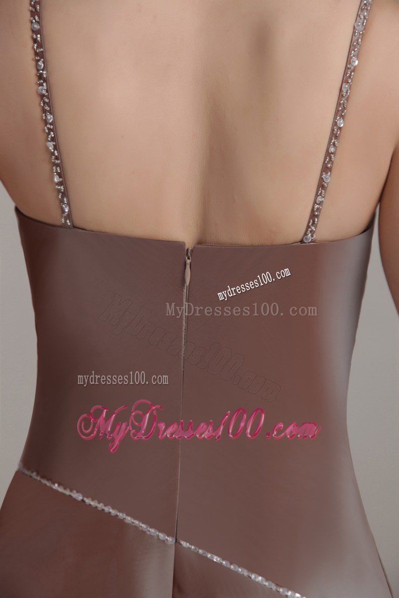 Spaghetti Strap Brown A-line Taffeta Sequins Pleats Bridesmaid Dress