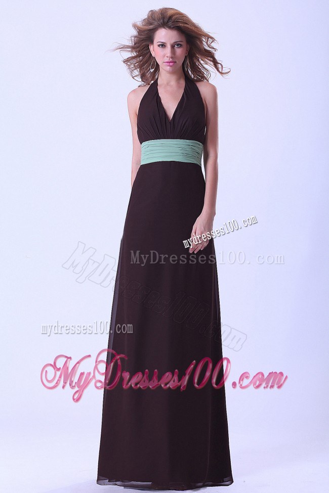 Halter Empire Brown Bridemaid Dress With Belt Floor-length Backless