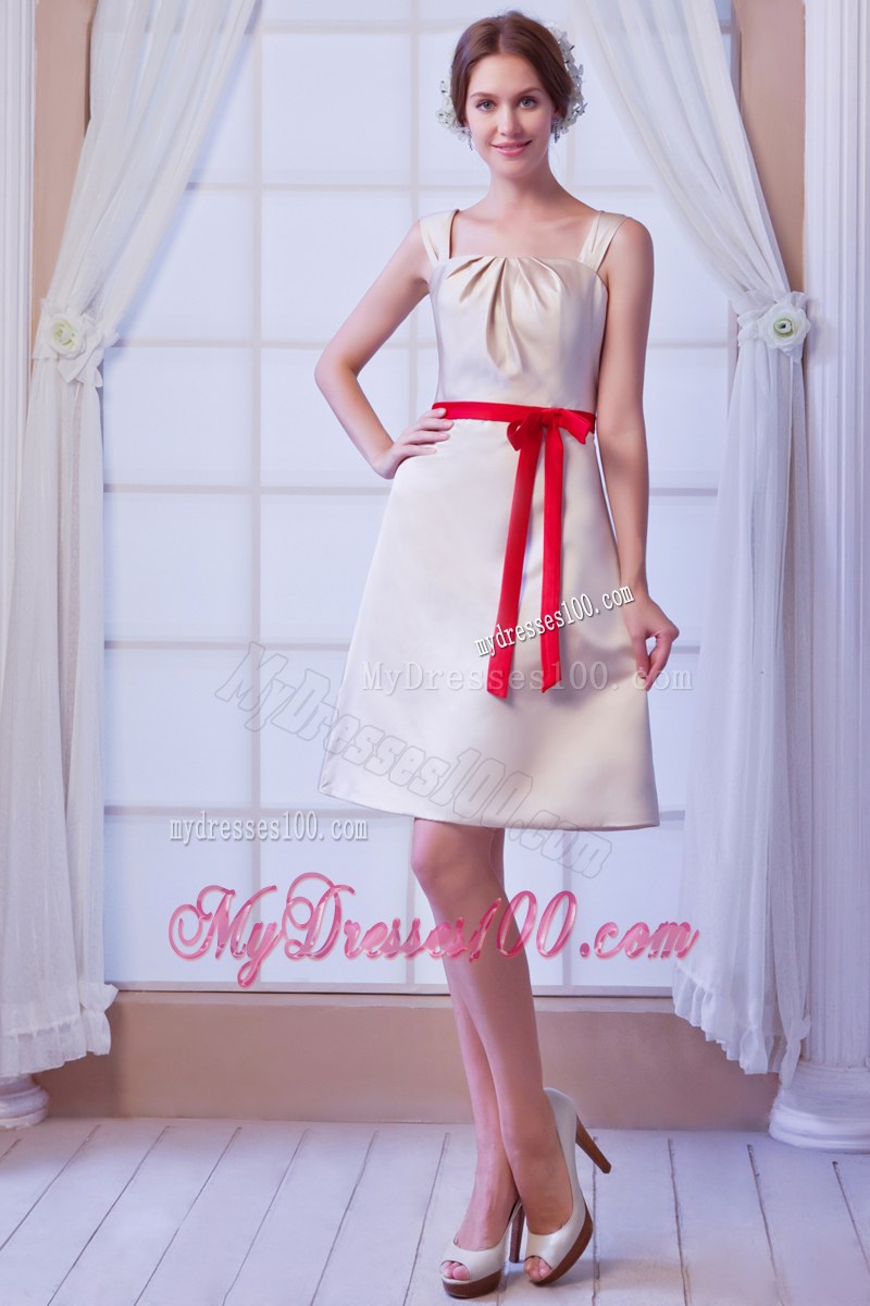 Straps Champagne A-line Square Mini-length Bridesmaid Dress Satin Bow