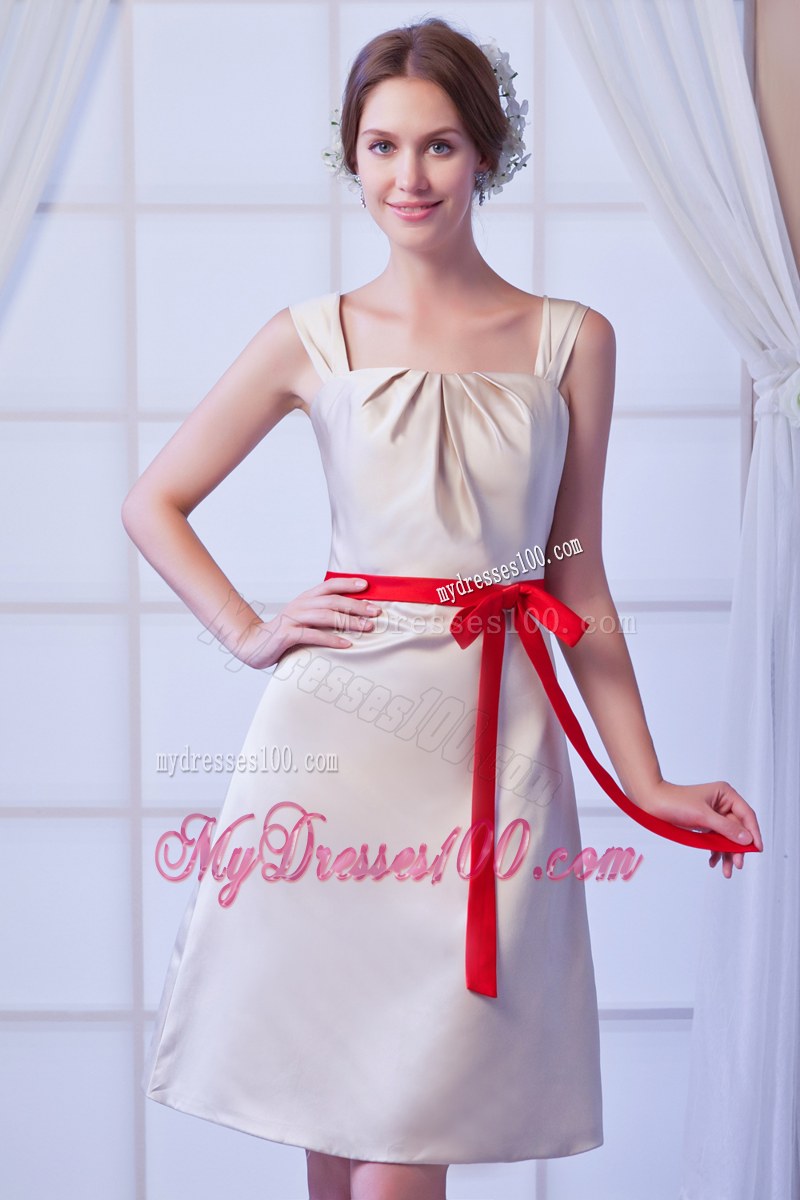 Straps Champagne A-line Square Mini-length Bridesmaid Dress Satin Bow