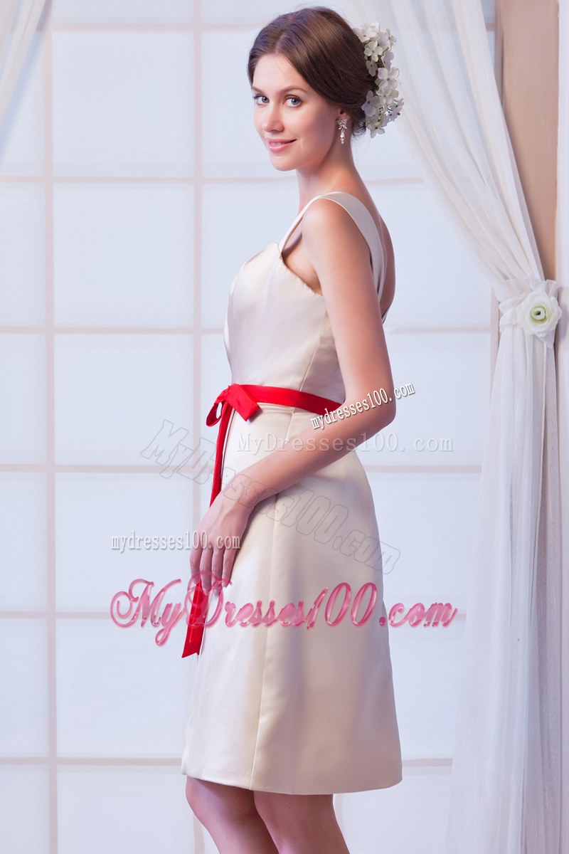 Straps Champagne A-line Square Mini-length Bridesmaid Dress Satin Bow