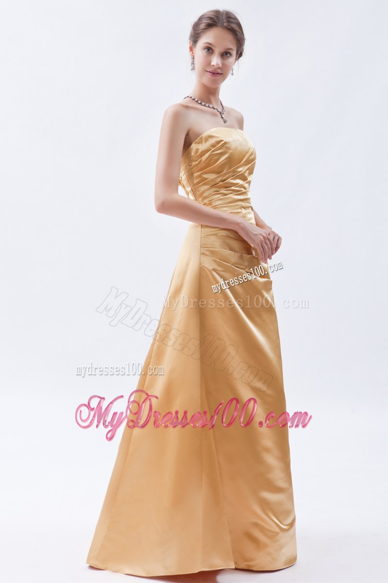 Column Strapless Champagne Bridesmaid Dress Floor-length Satin Ruche