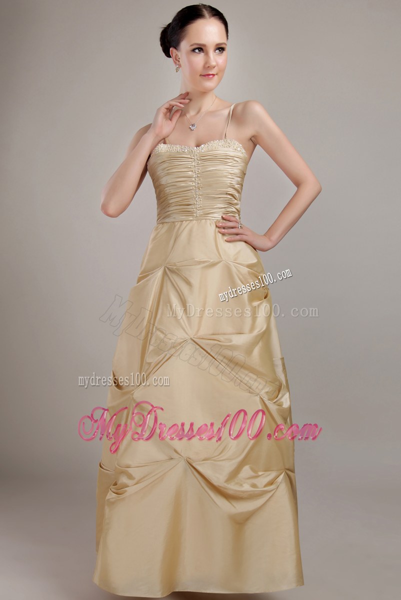 Spaghetti Straps Champagne Bridesmaid Dress Taffeta Beading and Ruching