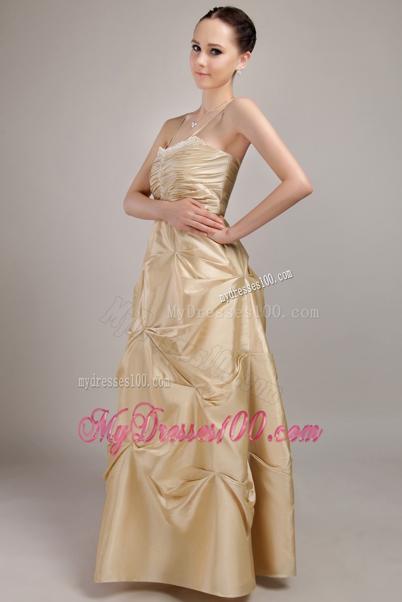Spaghetti Straps Champagne Bridesmaid Dress Taffeta Beading and Ruching