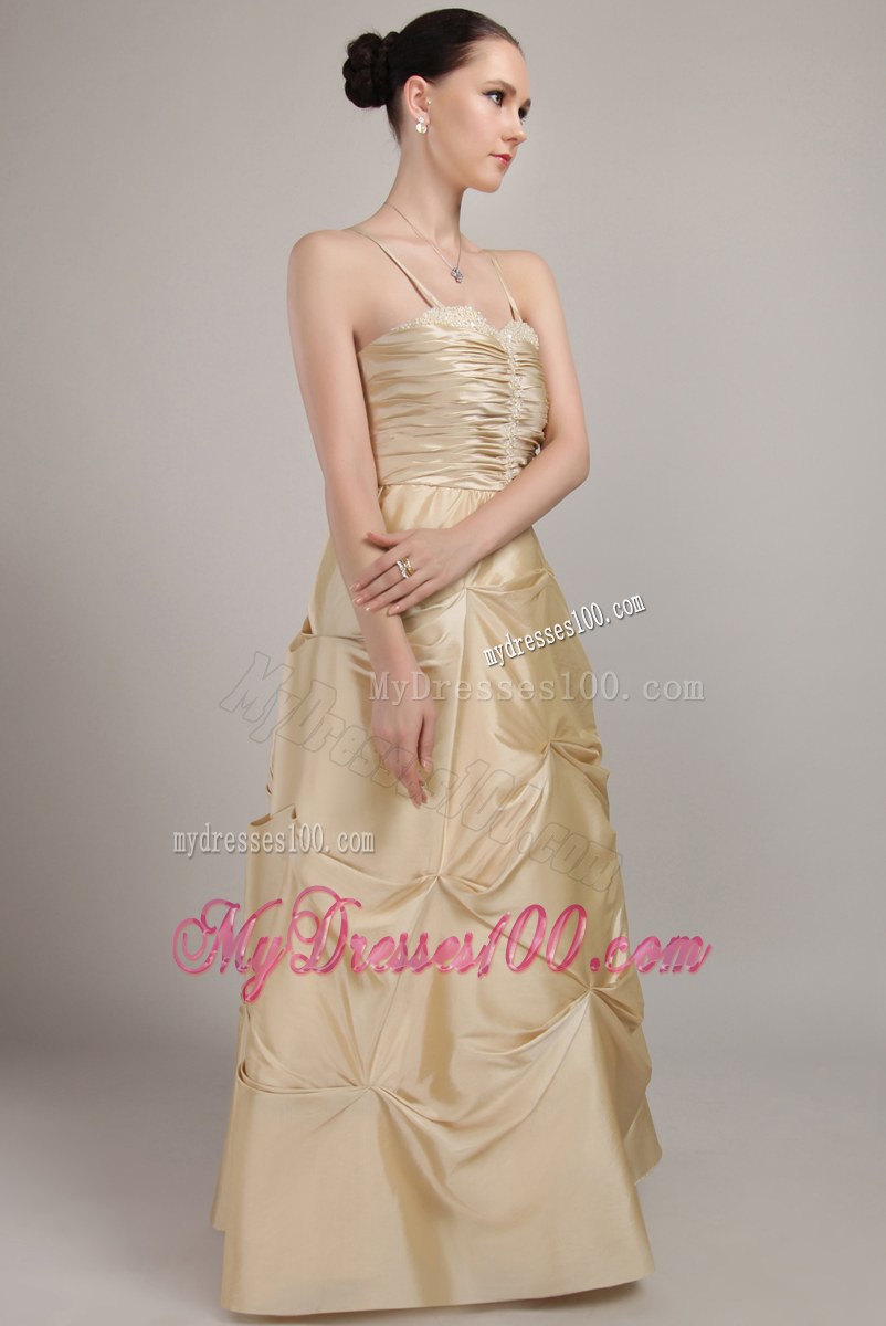 Spaghetti Straps Champagne Bridesmaid Dress Taffeta Beading and Ruching