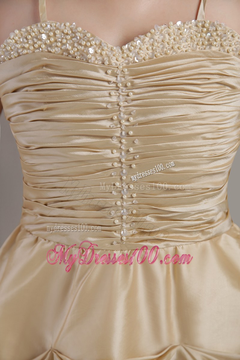 Spaghetti Straps Champagne Bridesmaid Dress Taffeta Beading and Ruching