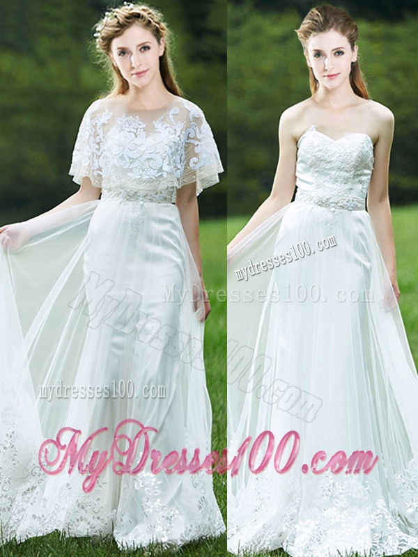 Cheap A Line Applique White Bridesmaid Dress with Brush Train
