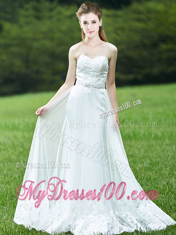 Cheap A Line Applique White Bridesmaid Dress with Brush Train