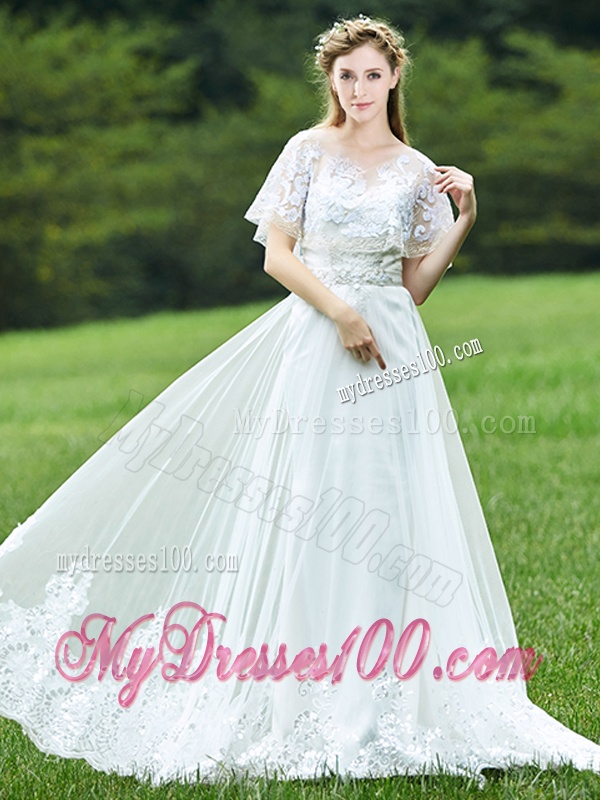 Cheap A Line Applique White Bridesmaid Dress with Brush Train