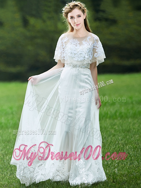 Cheap A Line Applique White Bridesmaid Dress with Brush Train