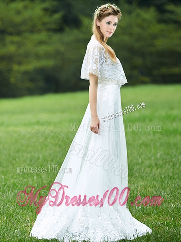 Cheap A Line Applique White Bridesmaid Dress with Brush Train