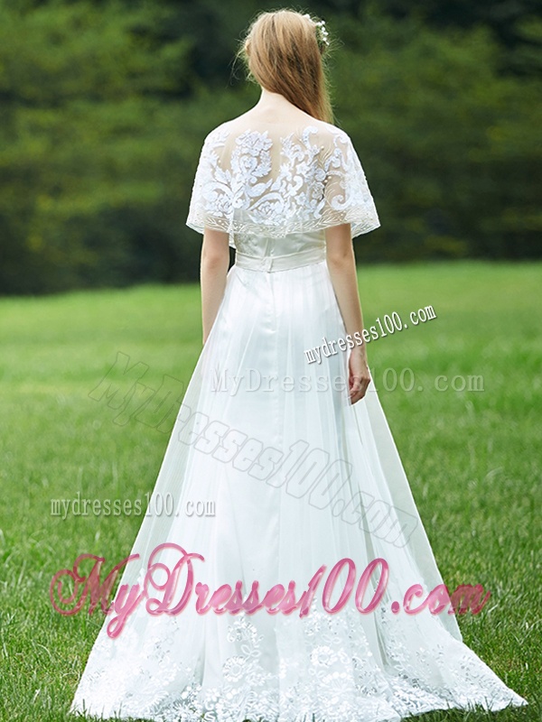 Cheap A Line Applique White Bridesmaid Dress with Brush Train