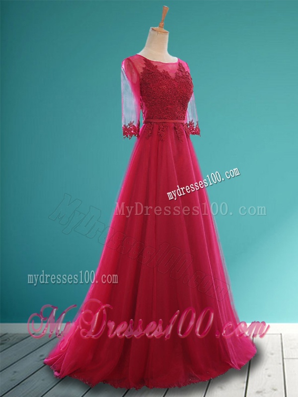 Cheap Scoop Appliques and Belt Bridesmaid Dress in Wine Red