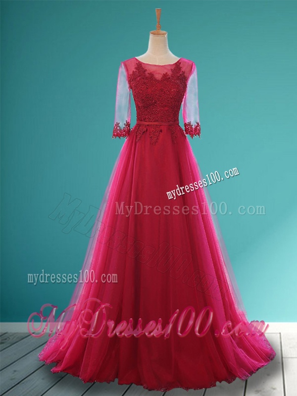 Cheap Scoop Appliques and Belt Bridesmaid Dress in Wine Red
