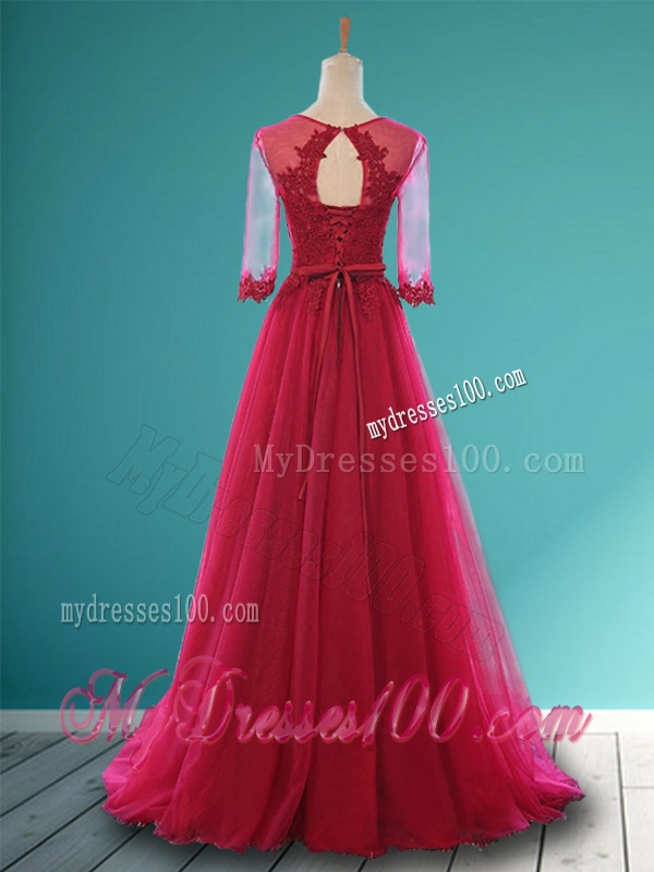 Cheap Scoop Appliques and Belt Bridesmaid Dress in Wine Red