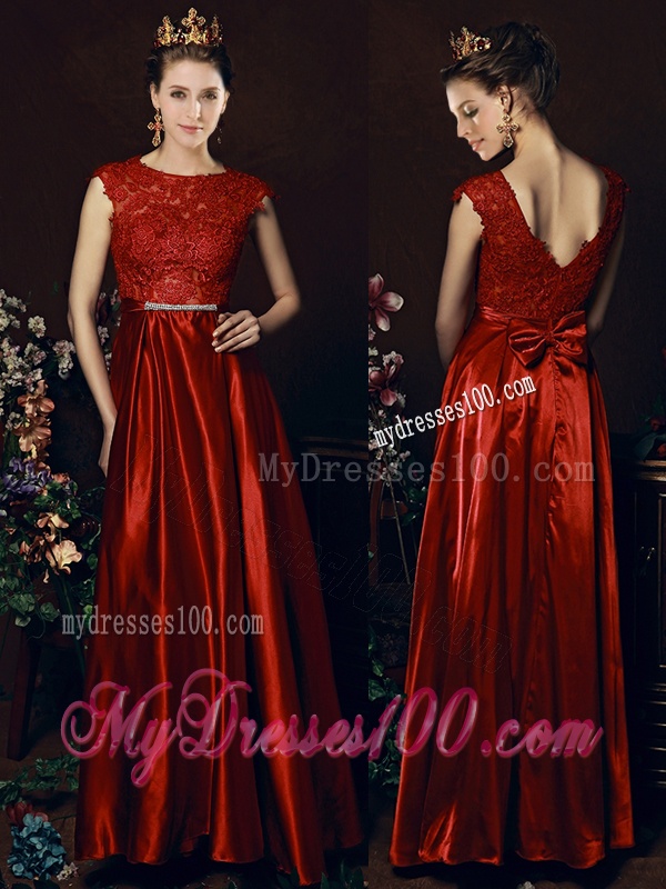 Cheap Scoop Laced and Bowknot Bridesmaid Dress in Wine Red