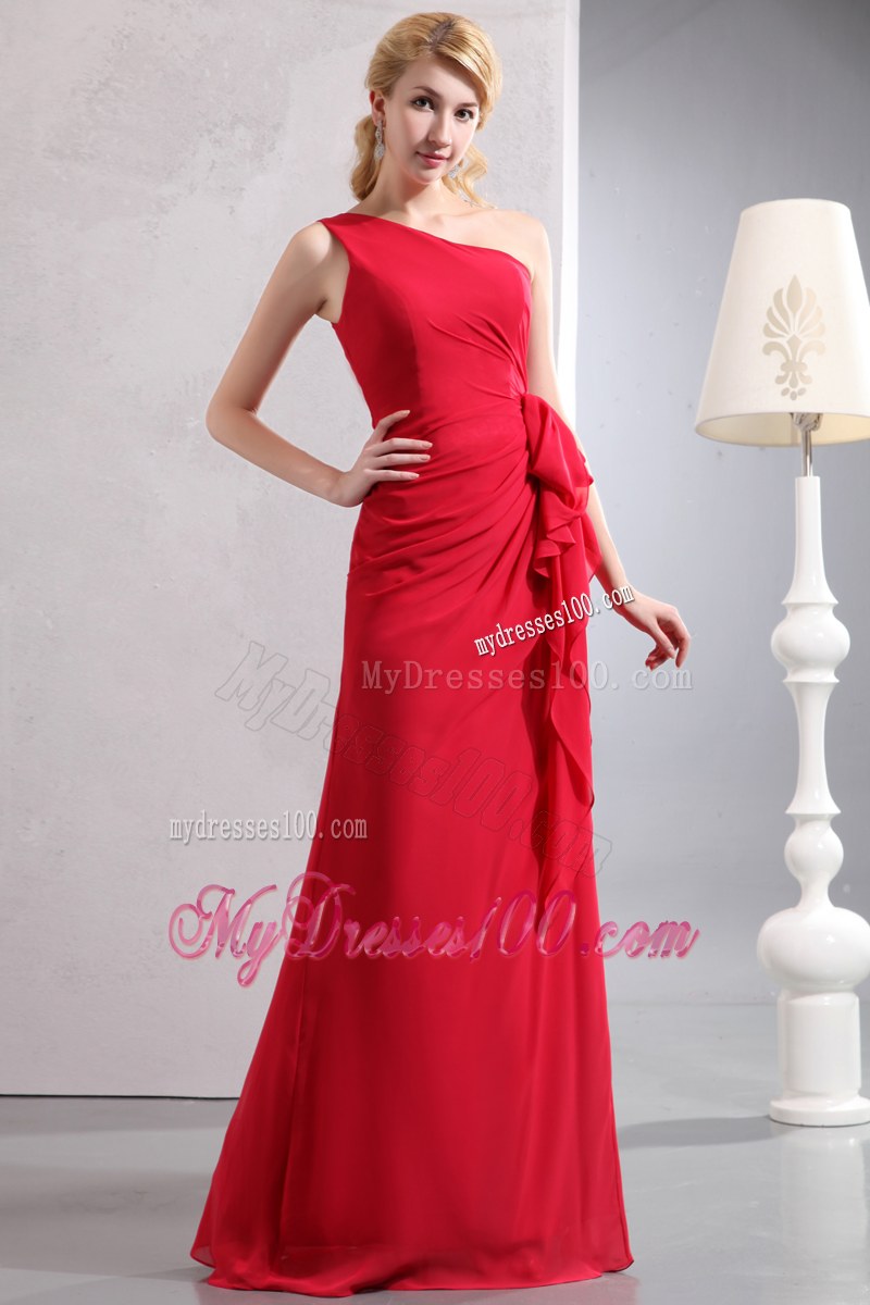 One Shoulder Ruche Red Column Bridesmaid Dress Floor-length Chiffon