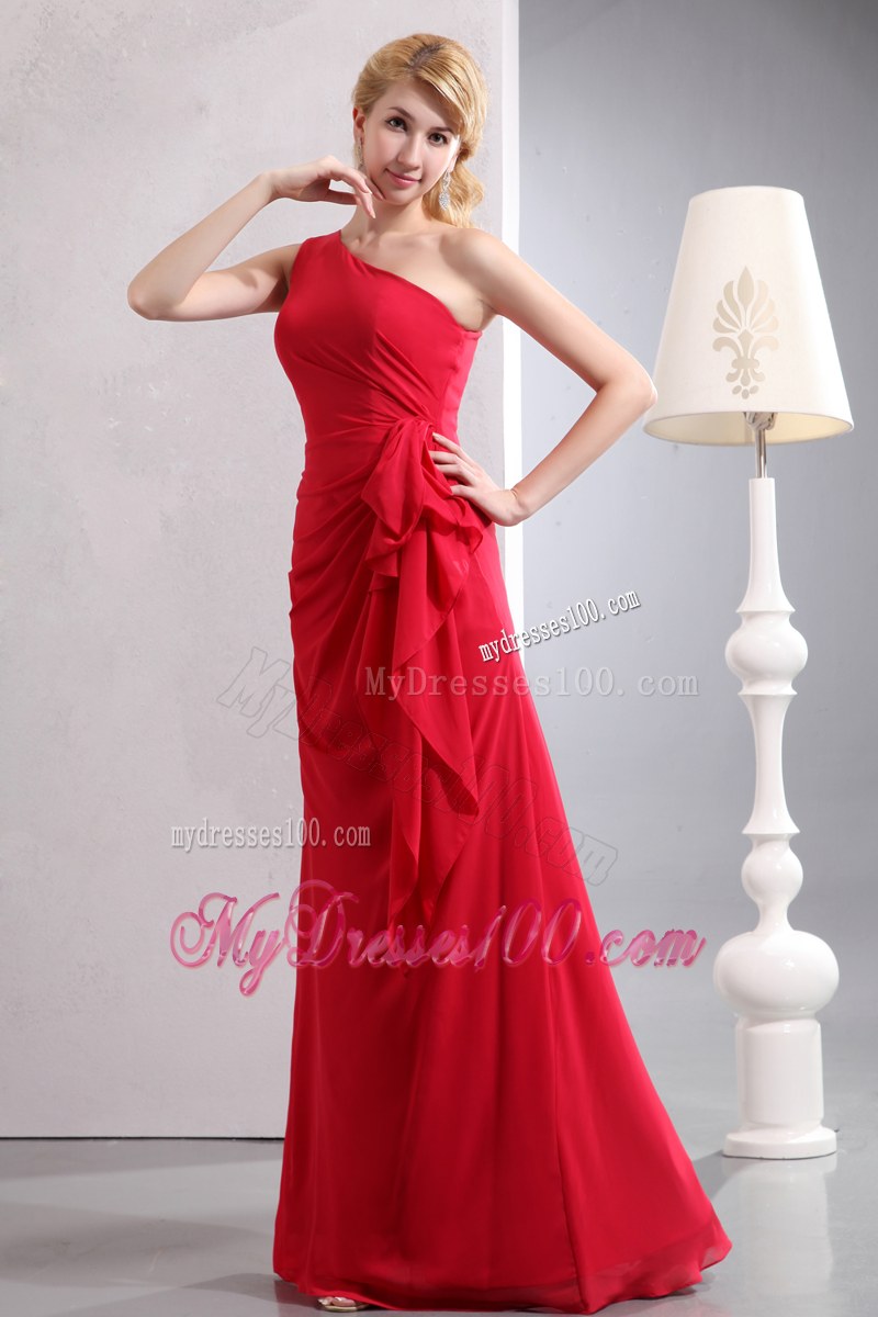 One Shoulder Ruche Red Column Bridesmaid Dress Floor-length Chiffon