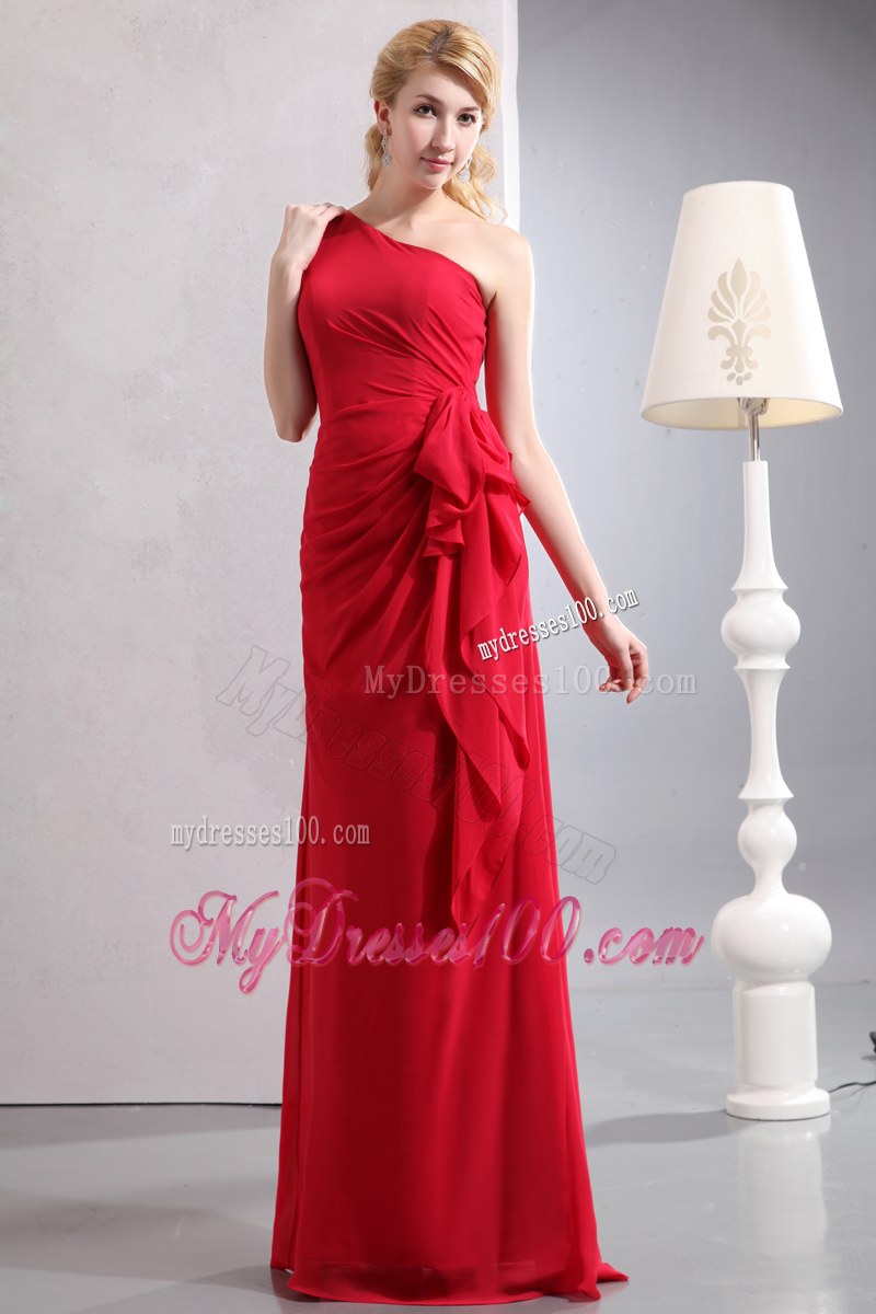 One Shoulder Ruche Red Column Bridesmaid Dress Floor-length Chiffon
