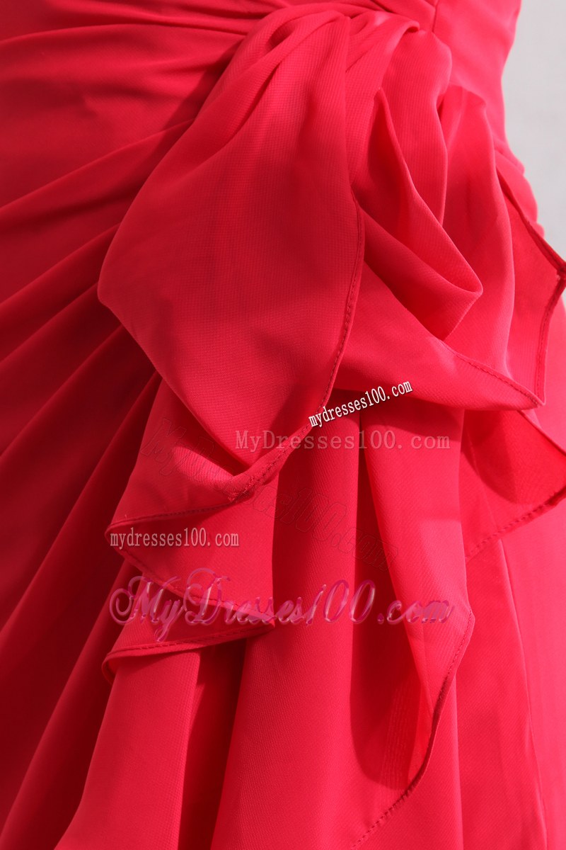 One Shoulder Ruche Red Column Bridesmaid Dress Floor-length Chiffon