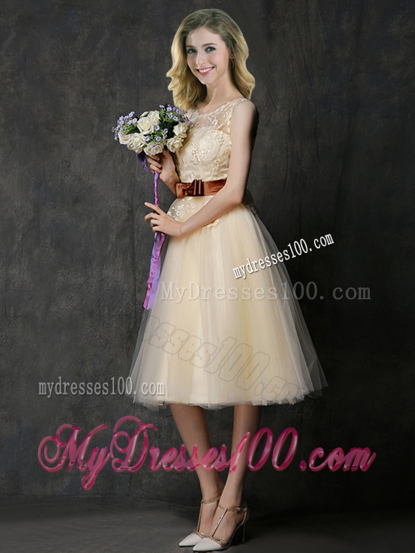 Classical See Through Scoop Bridesmaid Dress with Bowknot and Lace