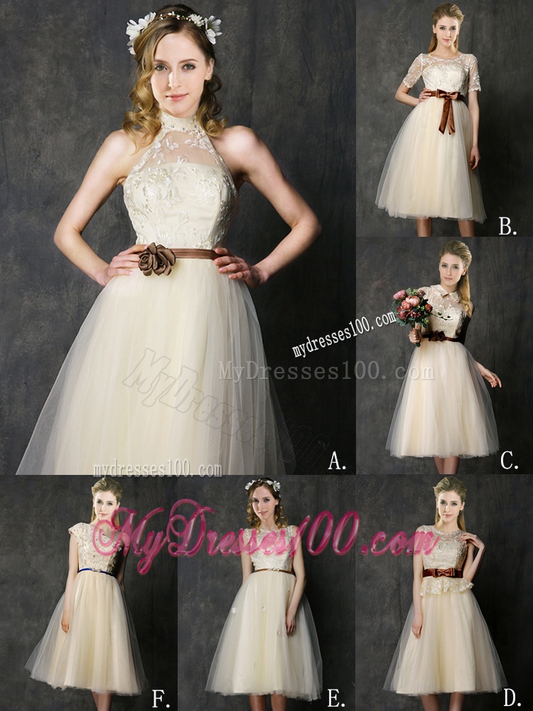 Classical See Through Scoop Bridesmaid Dress with Bowknot and Lace