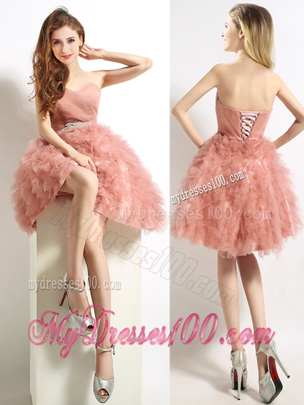 Classical Sweetheart Beaded and Ruffled Short Bridesmaid Dress in Peach