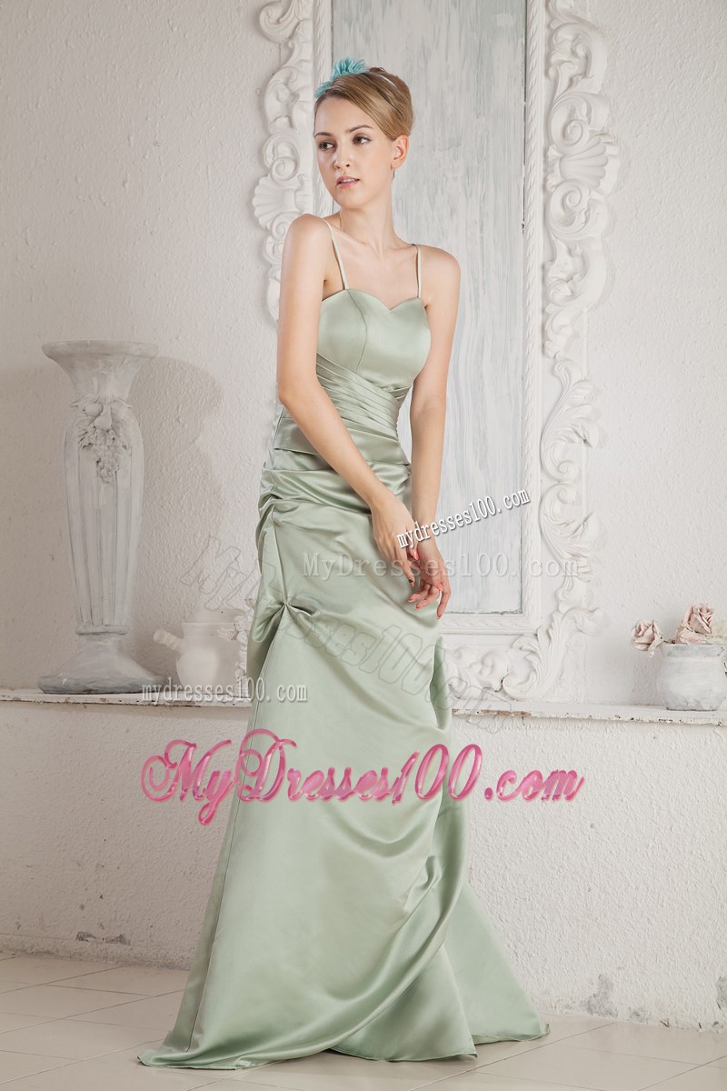 Straps Apple Green Bridesmaid Dress Column Brush Train Satin Beading