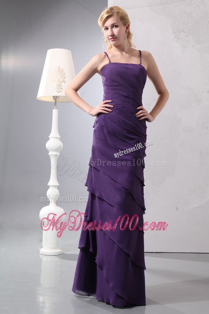 Ruffled Layers Dark Purple Column Straps Bridesmaid Dress Chiffon