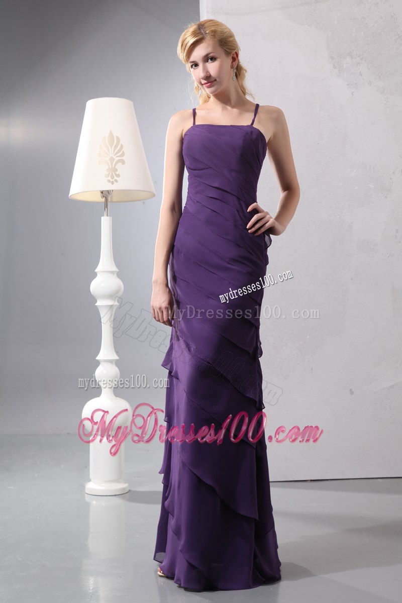 Ruffled Layers Dark Purple Column Straps Bridesmaid Dress Chiffon