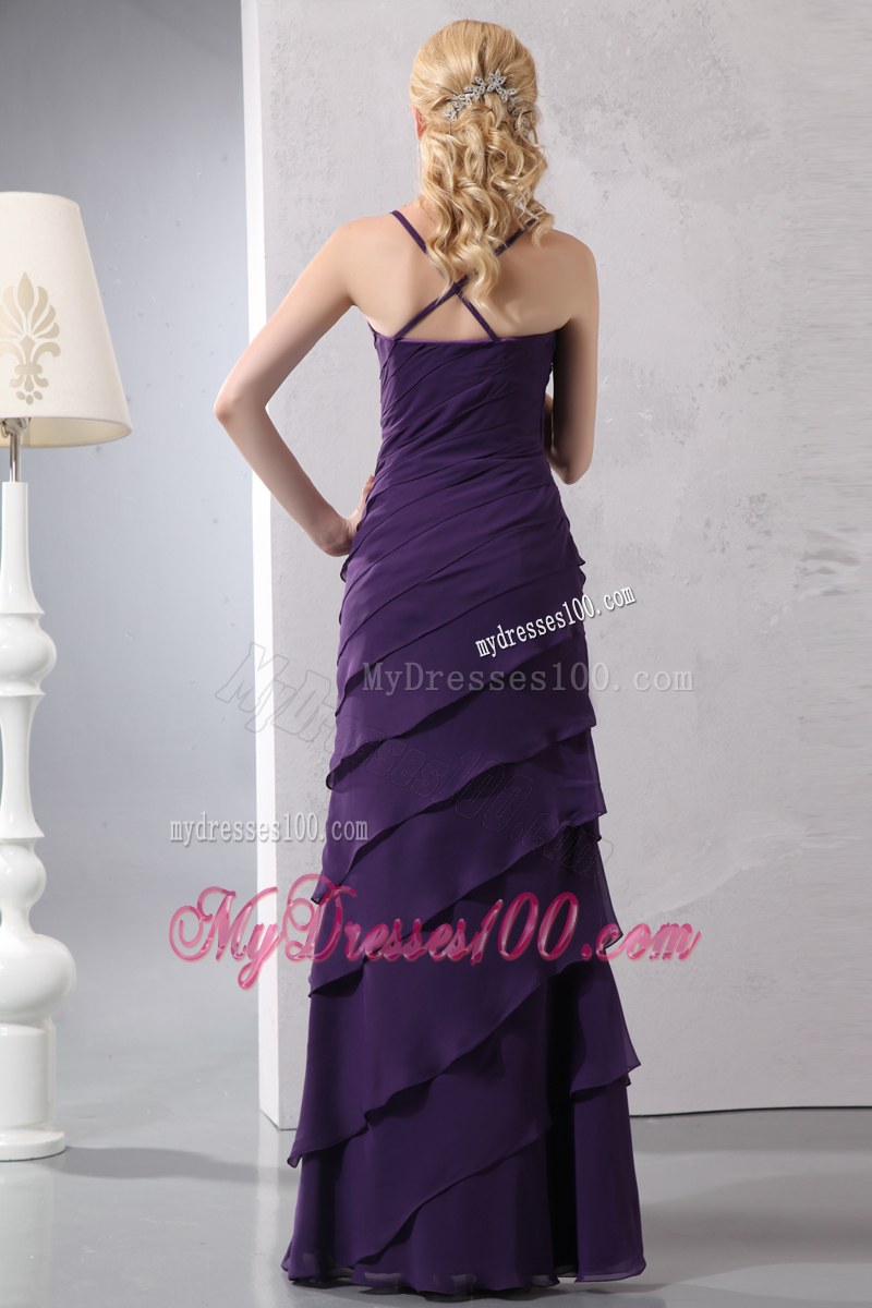 Ruffled Layers Dark Purple Column Straps Bridesmaid Dress Chiffon