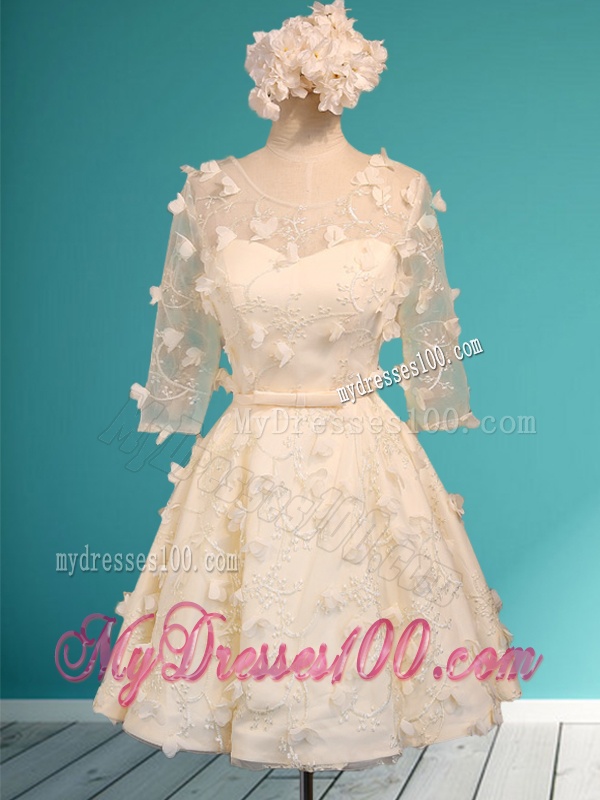 Discount Scoop Half Sleeves Champagne Bridesmaid Dress with Appliques and Belt