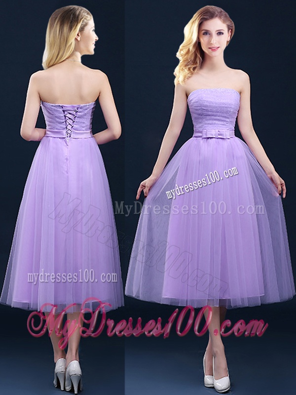 Discount Tea Length Tulle Lavender Bridesmaid Dress with Belt