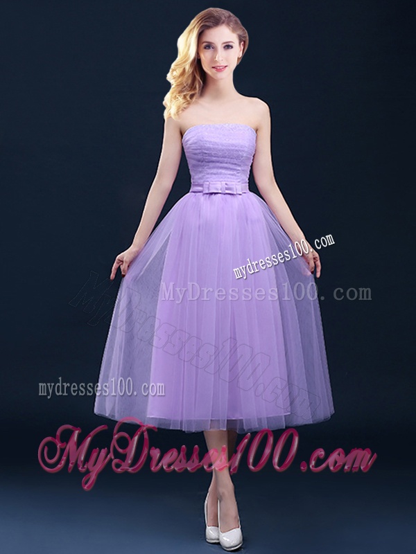 Discount Tea Length Tulle Lavender Bridesmaid Dress with Belt