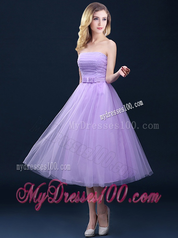 Discount Tea Length Tulle Lavender Bridesmaid Dress with Belt