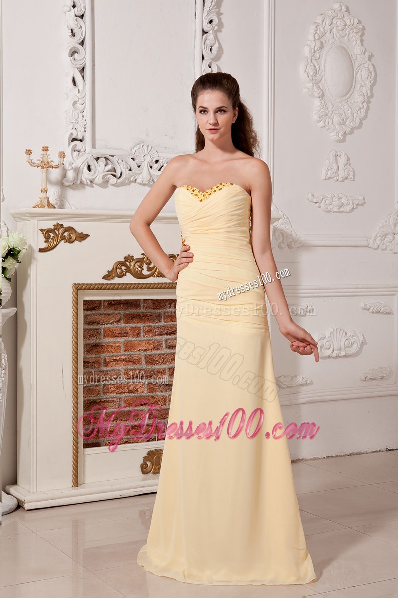 Light Yellow Column Bridesmaid Dress Sweetheart Ruching and Beading