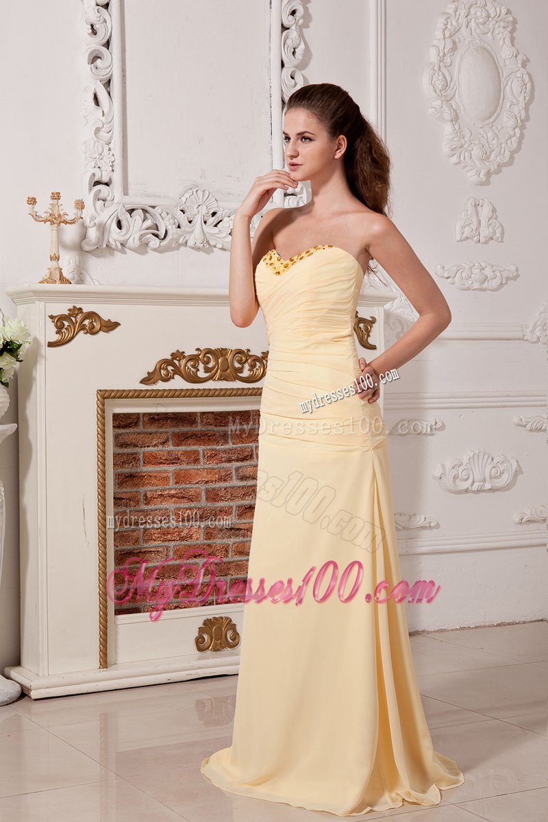 Light Yellow Column Bridesmaid Dress Sweetheart Ruching and Beading
