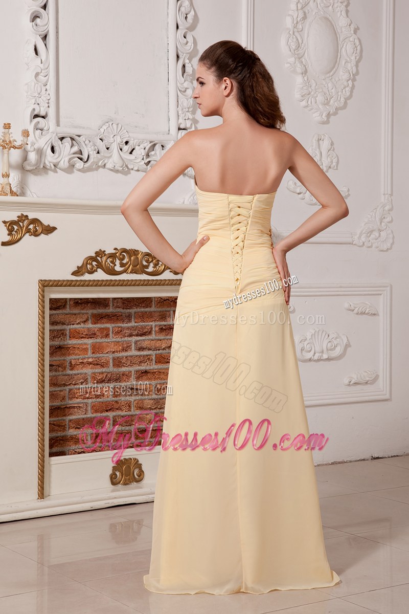Light Yellow Column Bridesmaid Dress Sweetheart Ruching and Beading
